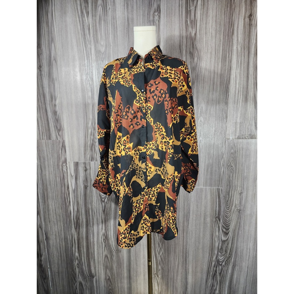Just For You Womens Leopard Animal Print Button Down Shirt Blouse Gold Brown L